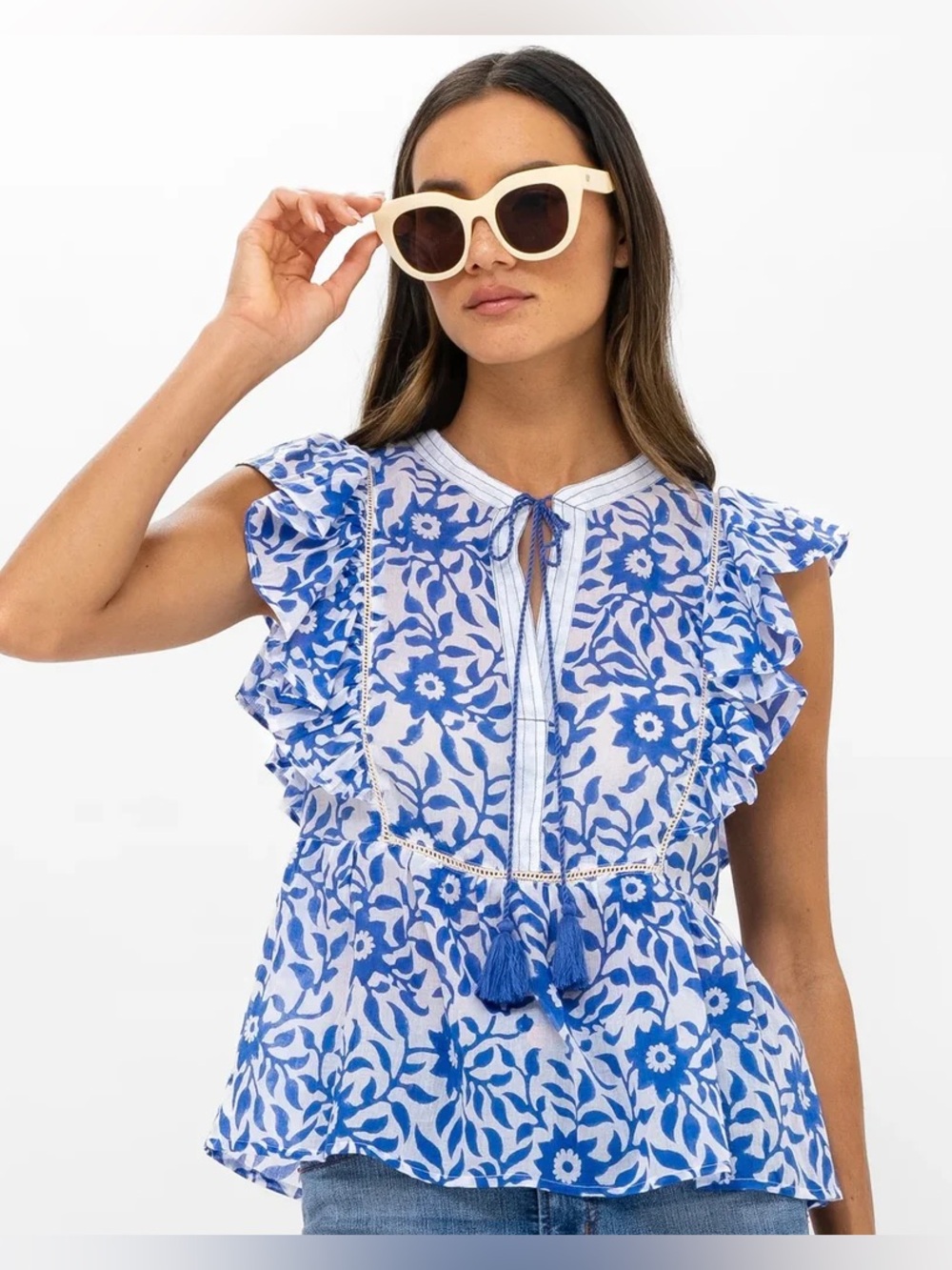 Oliphant Flirty Tie Top Blue White Floral Ruffle Peasant Blouse Cotton Size S